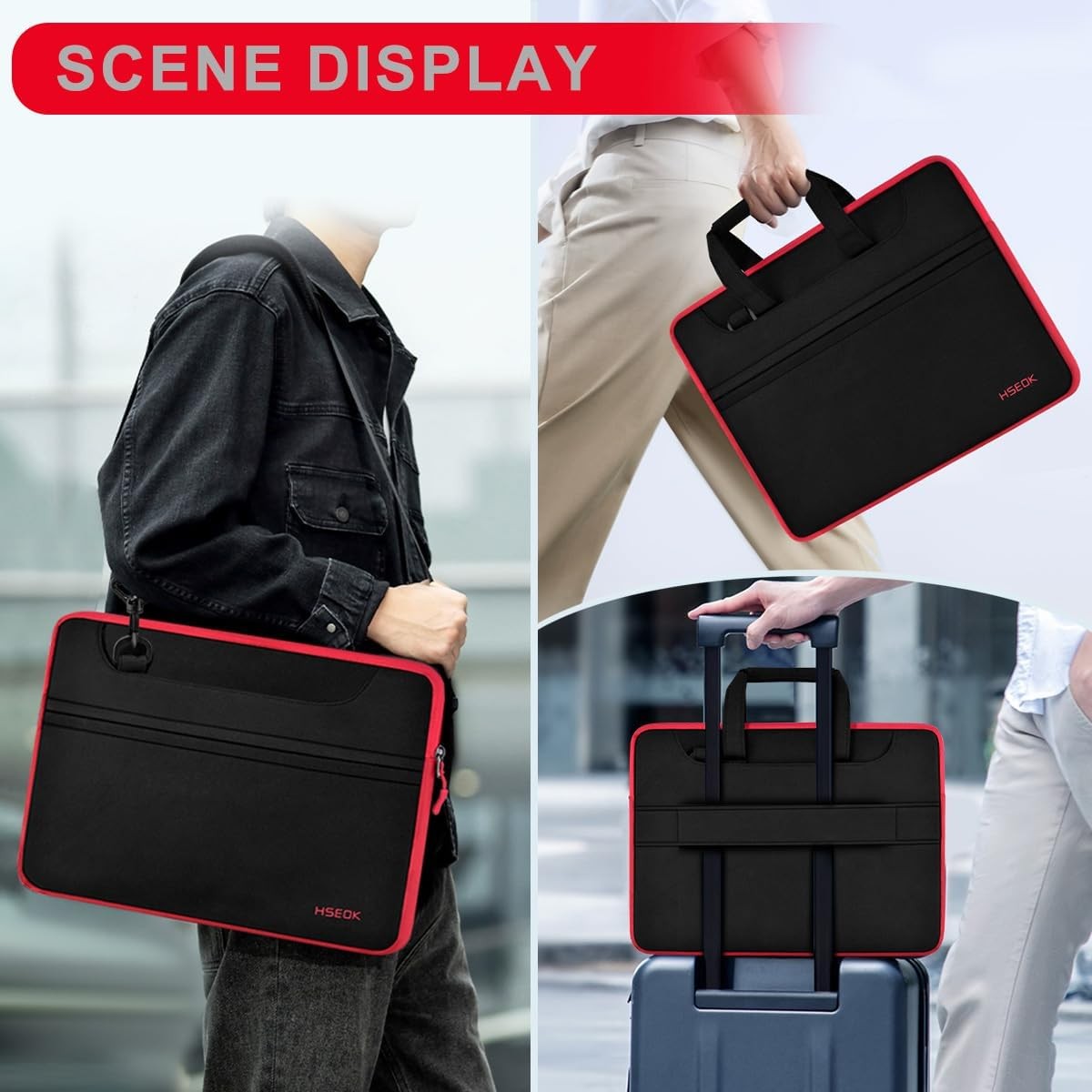 Black Red 15.6 inch Laptop Shoulder Bag, Durable Shockproof Briefcase with Pocke