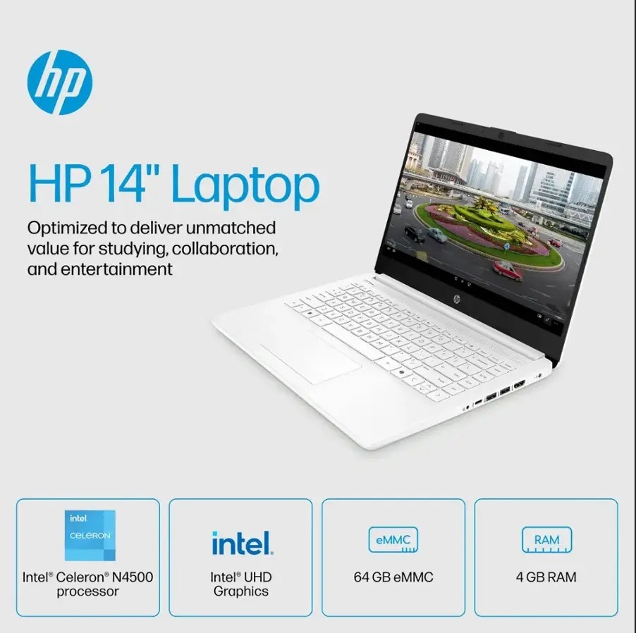 HP 14 Thin&Portable, Laptop Intel Celeron N4500, 4GB DDR4 64GB eMMC Win 11 Home
