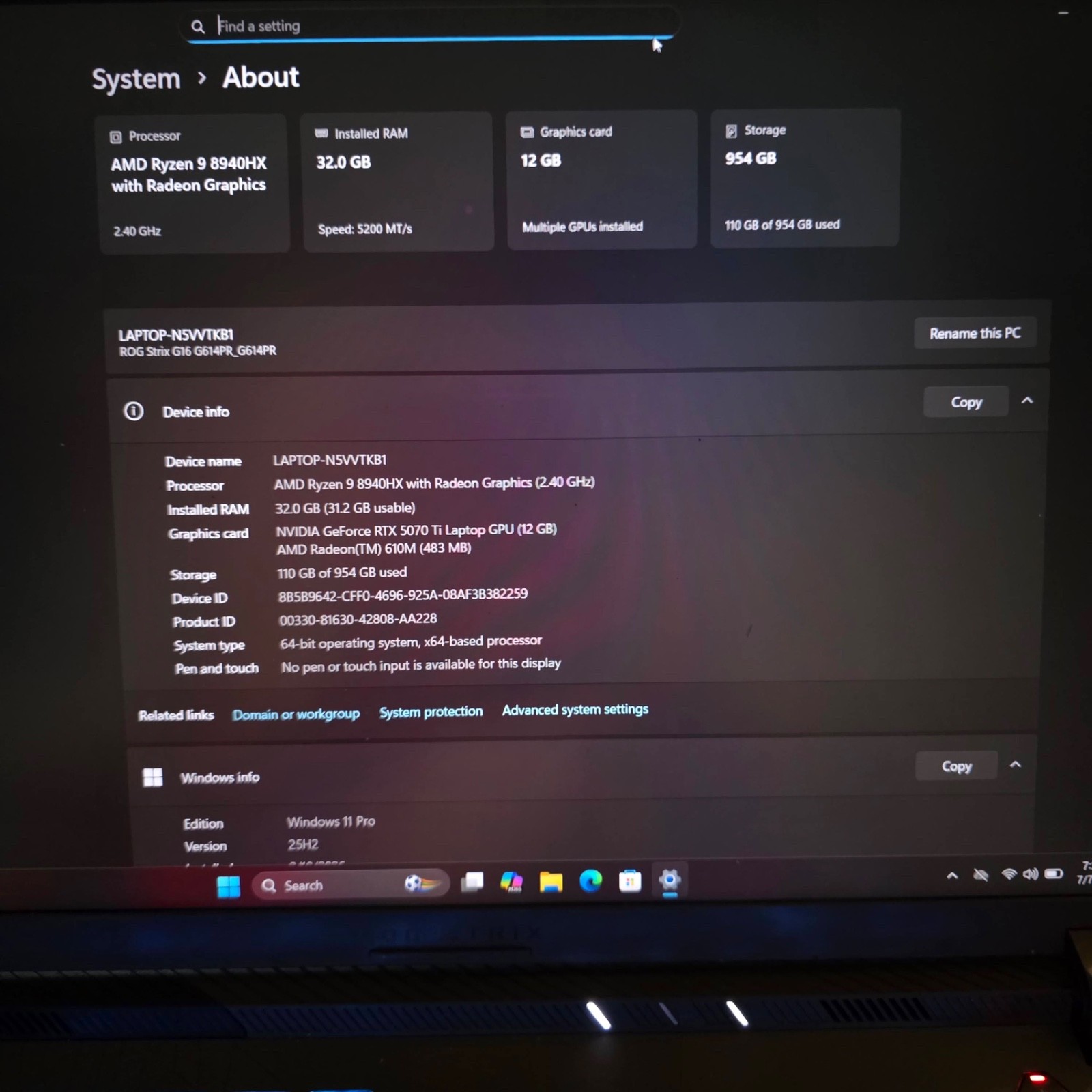 ASUS ROG Strix G16 FHD+ 165Hz Ryzen 9 8940HX 32GB 1TB RTX 5070Ti 140W 12GB WNTY