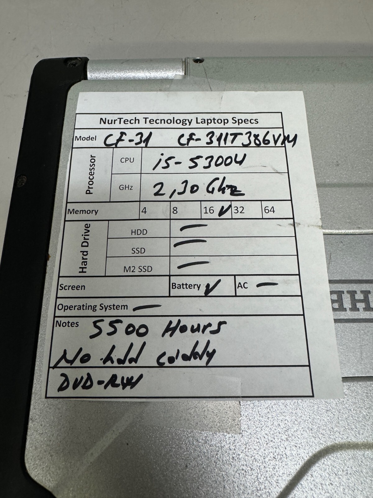Panasonic Toughbook MK5 CF-31 13.1″ i5 2.3GHz 16GB Laptop[No HD/CADDY/OS/AC]