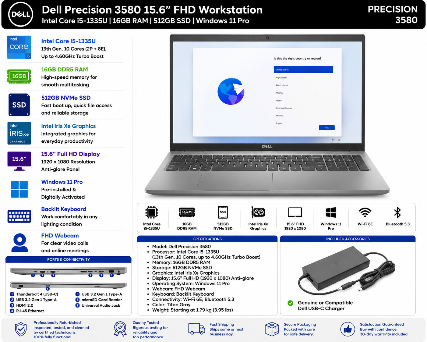 Dell Precision 3580 15.6″ FHD i5-1335U 16GB 512GB SSD Win11 Pro Workstation