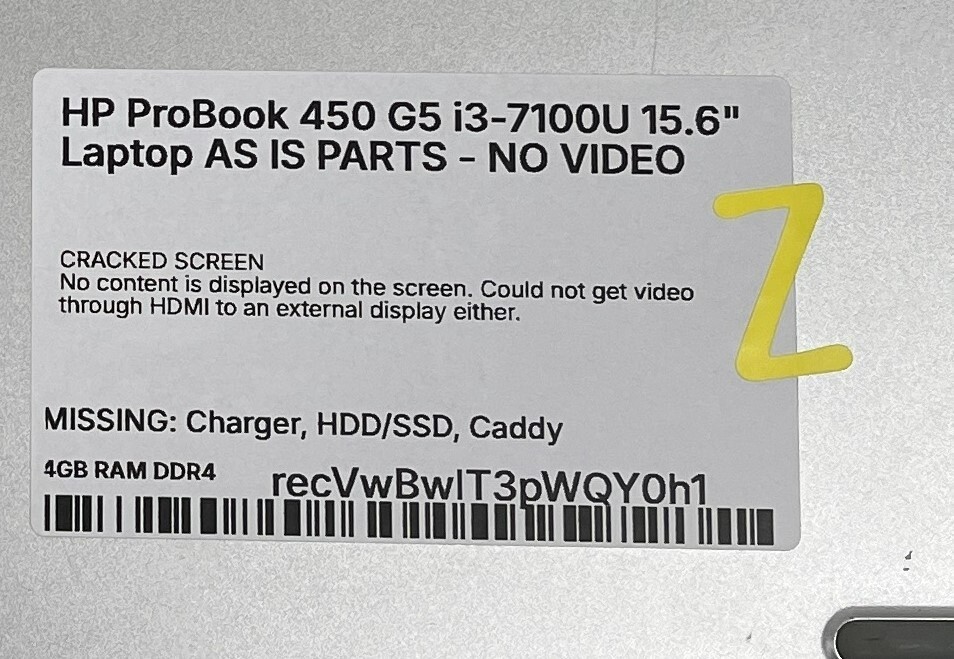 HP ProBook 450 G5 i3-7100U 15.6″ Laptop AS IS PARTS – CRACKED SCREEN
