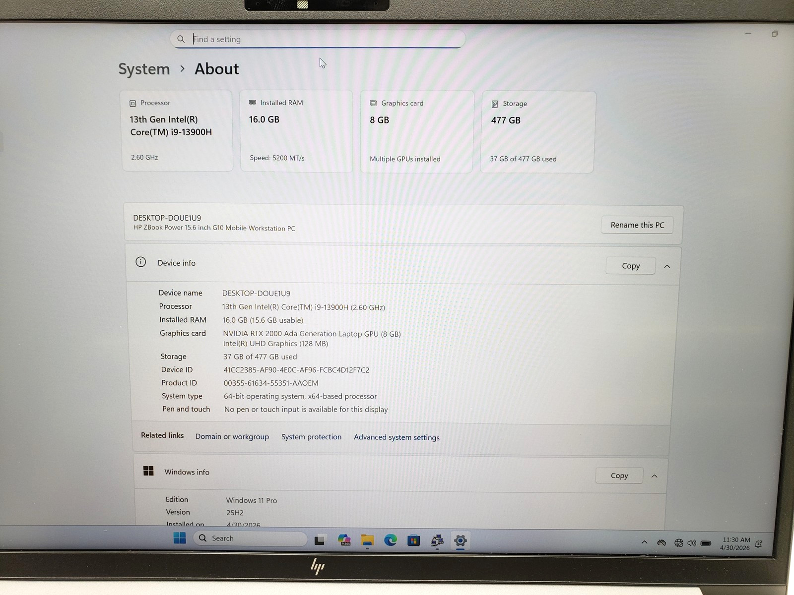 HP ZBook Power G10 i9-13900H 16GB Ram 512GB SSD RTX 2000 Ada 15.6″ Backlit KB