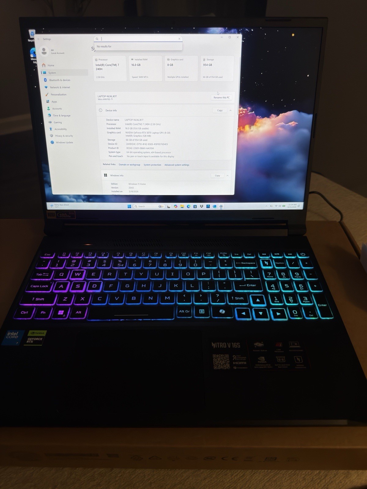 Acer Nitro V 16s 16inch Gaming Laptop Core 7 240H 16GB RTX 5070 954GB SSD