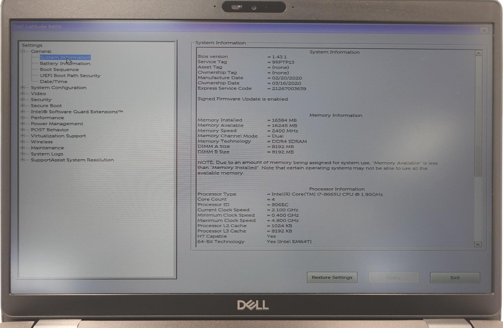 Dell Latitude 5400 14″ Core I7-8665U 1.90GHz 16GB 256GB SSD Laptop