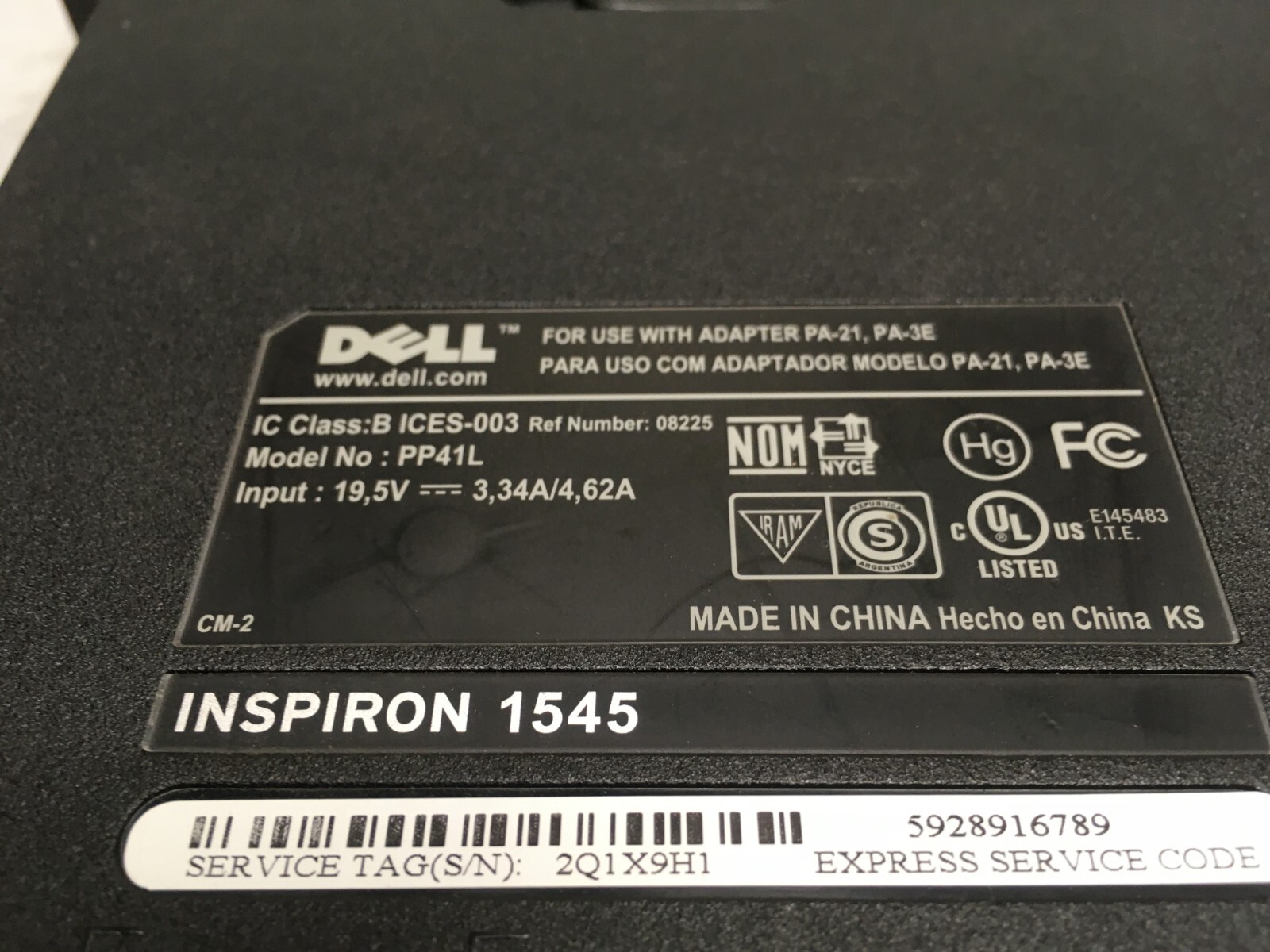 Dell Inspiron 1545 15″ (AS IS) Intel Celeron 900 @ 2.2GHz – JZ