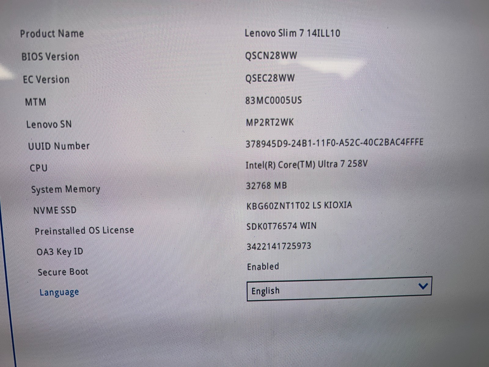 Lenovo Slim 7 14ILL10, Intel Core Ultra 7 258V, 2.20 GHz, 32 GB RAM, 1 TB NVMe