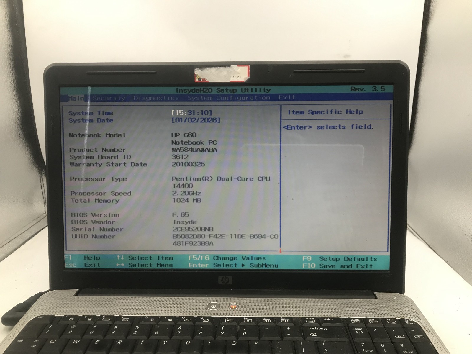 HP G60 637CL NOTEBOOK – BOOTS TO BIOS – INTEL PENTIUM T4400 – NO RAM – READ – BB