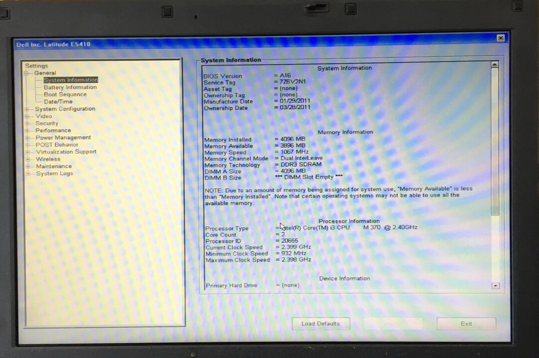 Dell Latitude E5410 Core i3 CPU M700 2.39GHz 4GB RAM. NO HDD. Boot to BIOS