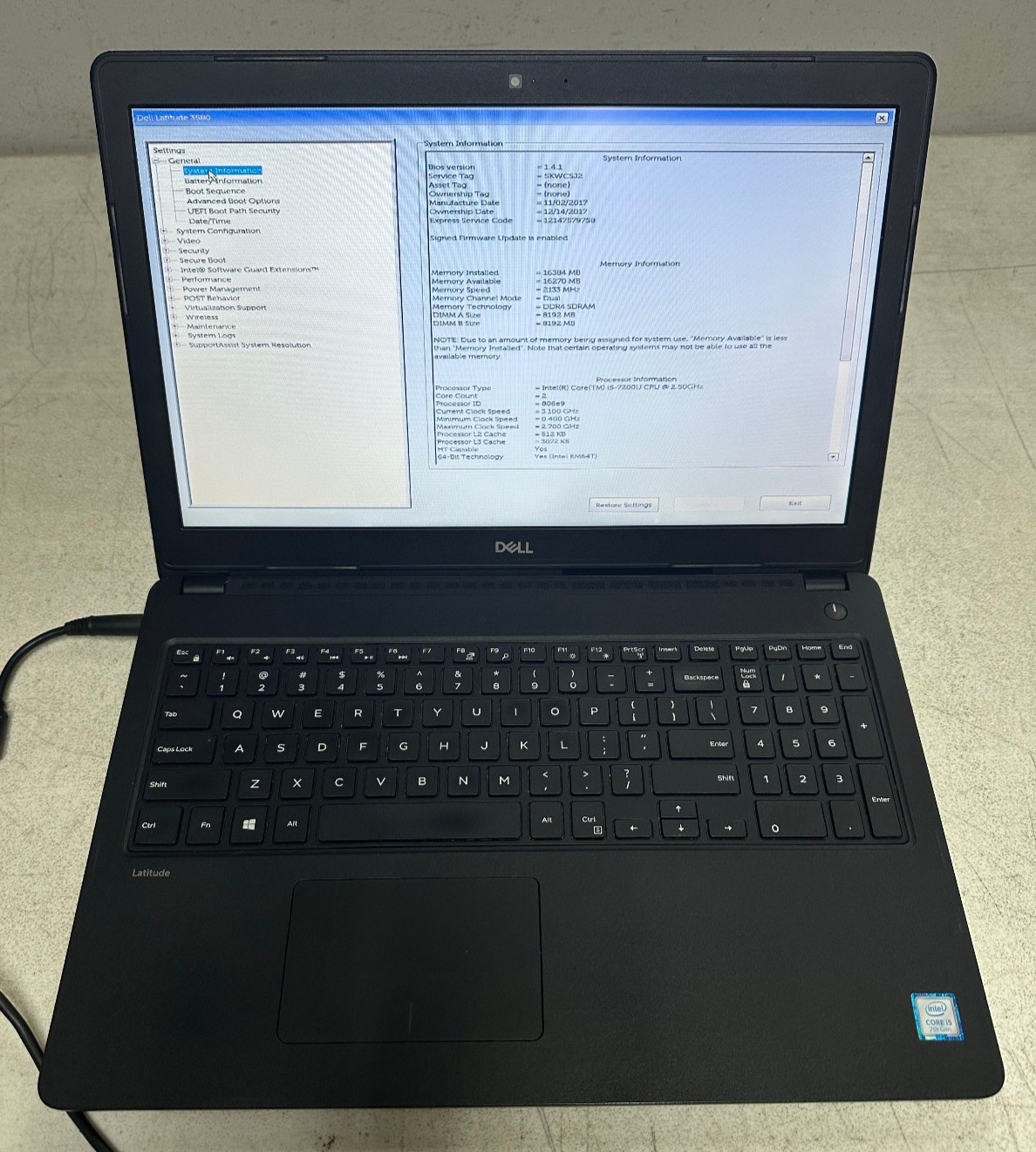 Dell Latitude 3580 15.6 HD (i5-7200U, 16GB RAM, Boot To Bio) NO HD/BATT/ADAPTER