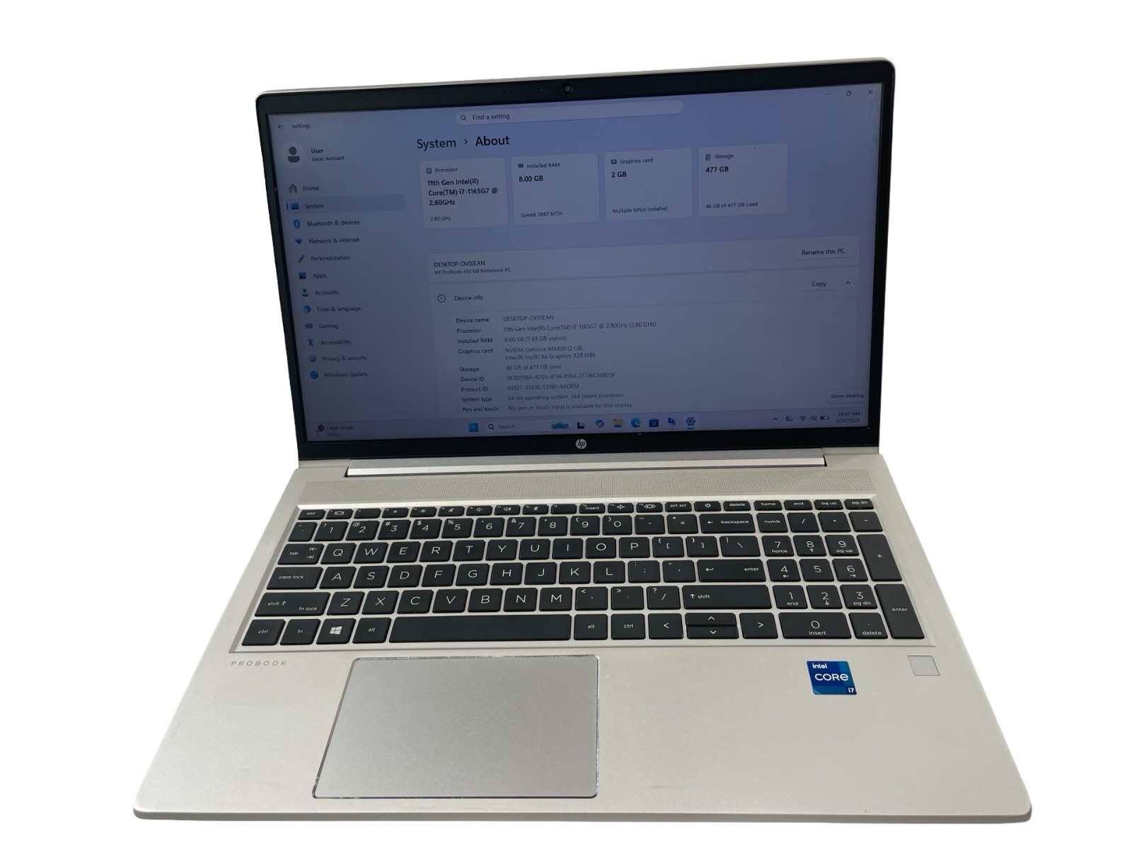 HP ProBook 450 G8 Core i7-1165G7@2.80GHz Core 4 8GB RAM 500GB NVMe Win. 11-No AC