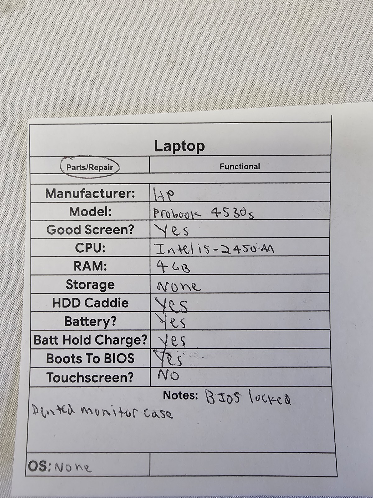 HP ProBook 4530s Laptop – i5-2450M – 4GB RAM – BIOS LOCKED – NO HDD/OS – READ