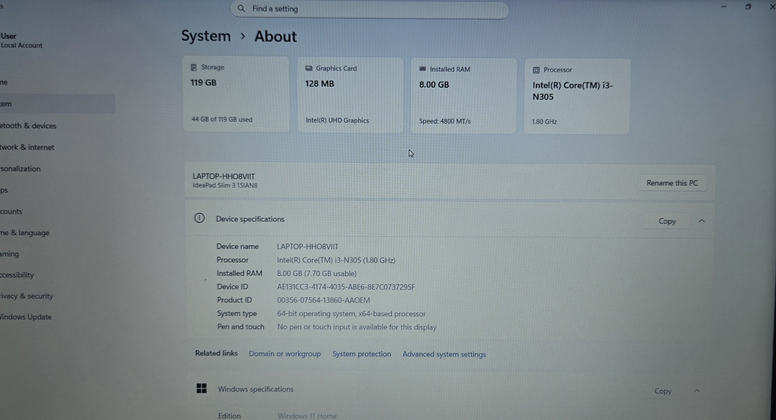 Lenovo IdeaPad Slim 3 15IAN8 15.6″ FHD Intel Core i3-N305 8GB RAM 128GB SSD Win