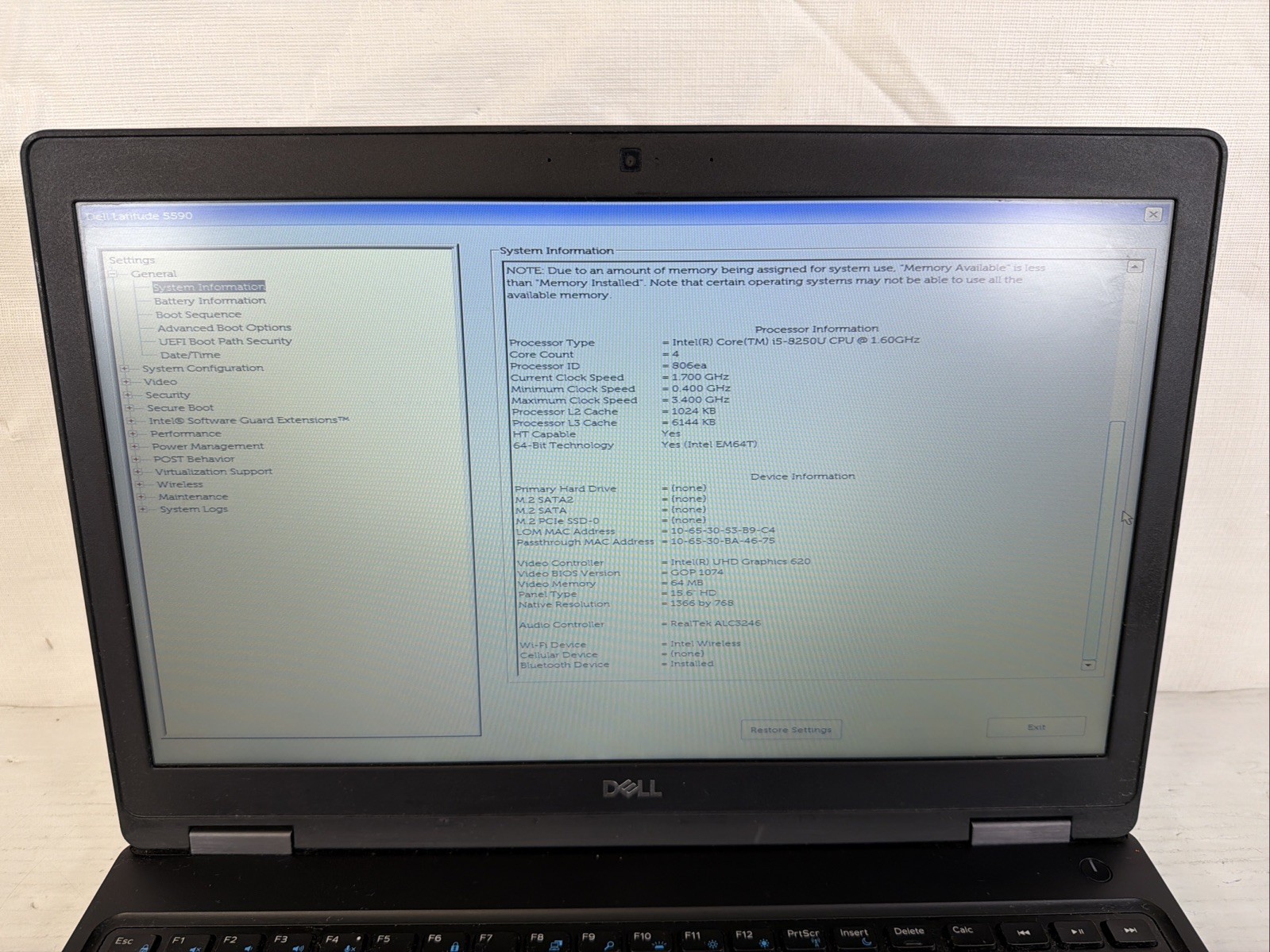 DELL LATITUDE 5590 INTEL CORE I5-8250U 1.60GHZ 4GB RAM NO SSD-Excellent Battery