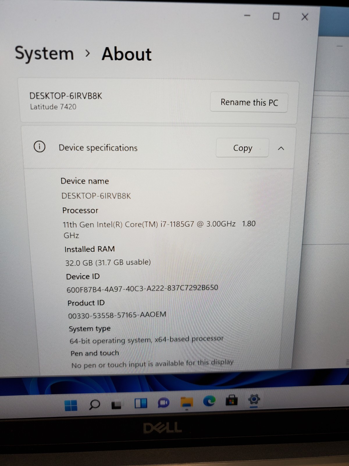 Dell Latitude 7420 14″ Laptop i7-1185G7 3.00GHz 32GB RAM 256GB SSD Win11 #69