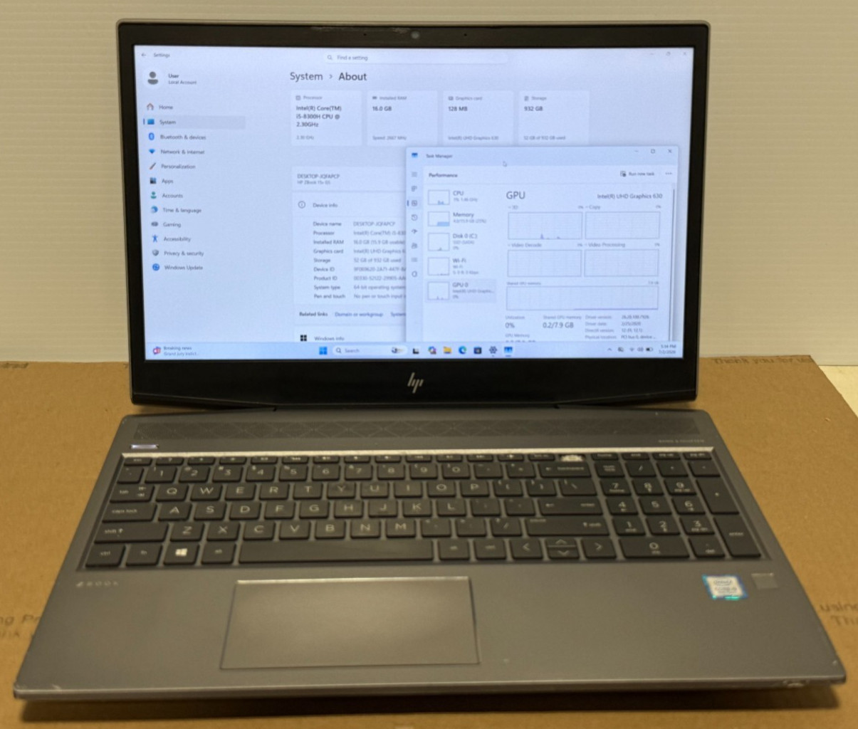 Hp ZBOOK 15v G5 i5-8300H 2.30Ghz 16GB 1TBSSD Win 11 Pro