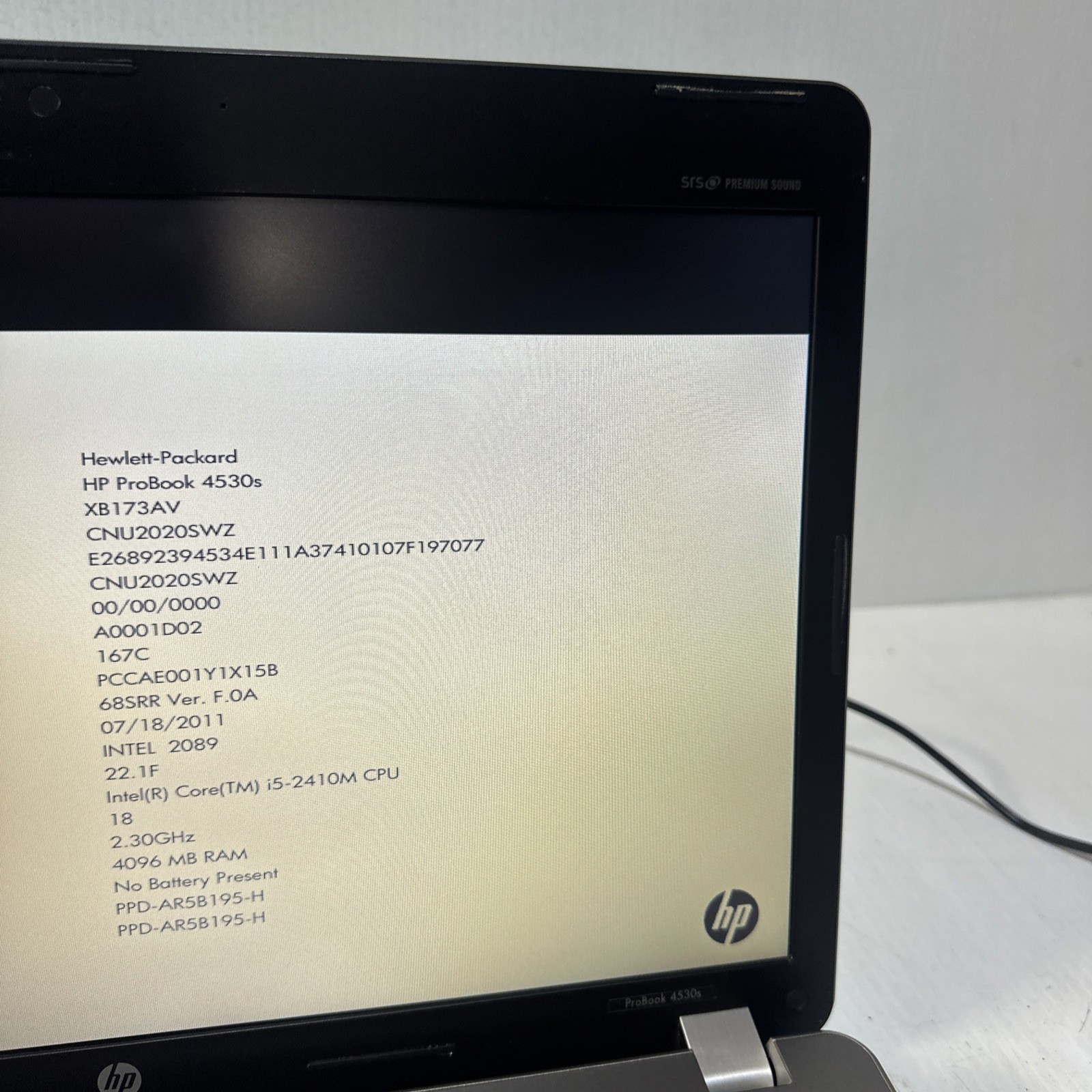 Hp Probook 4530s 15″ Laptop i5-2410m 4gb Ram No Drives No Battery Powers On