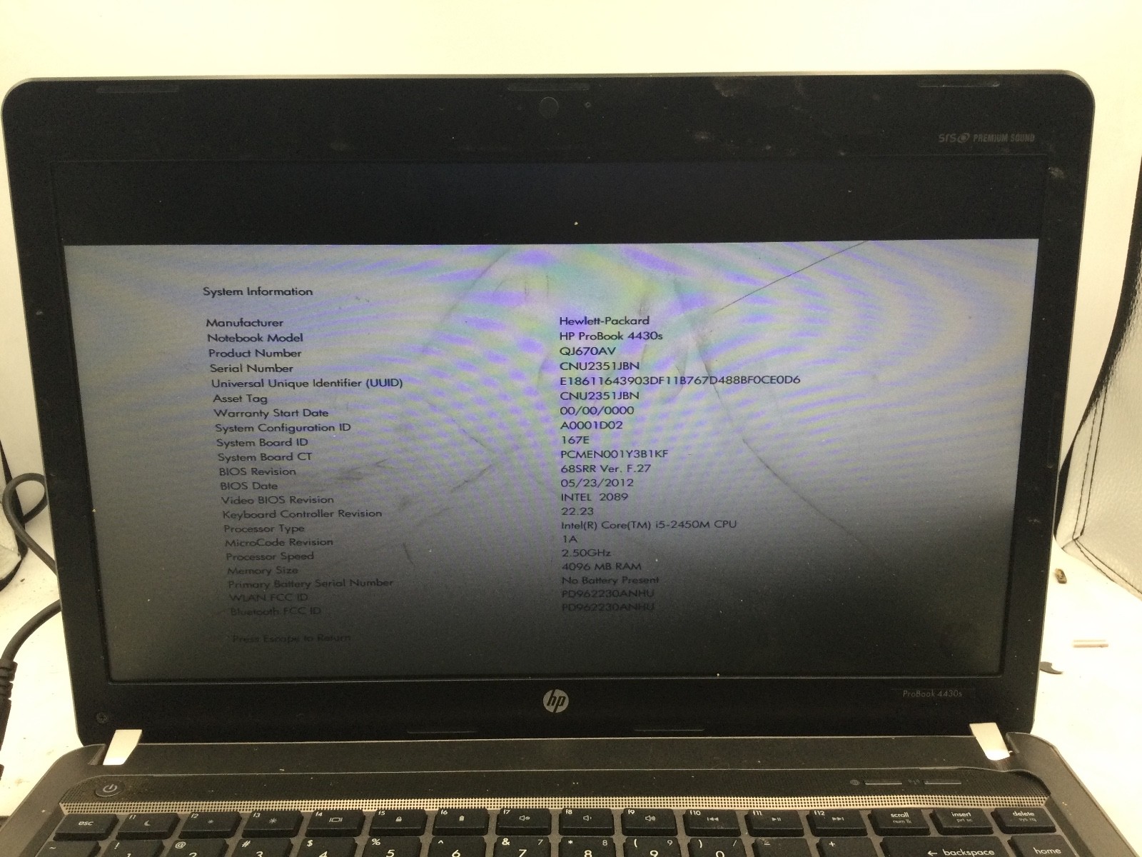 HP PROBOOK 4430s – BOOTS TO BIOS – INTEL I5 2450M – 4GB RAM -READ DESCRIPTION-BB