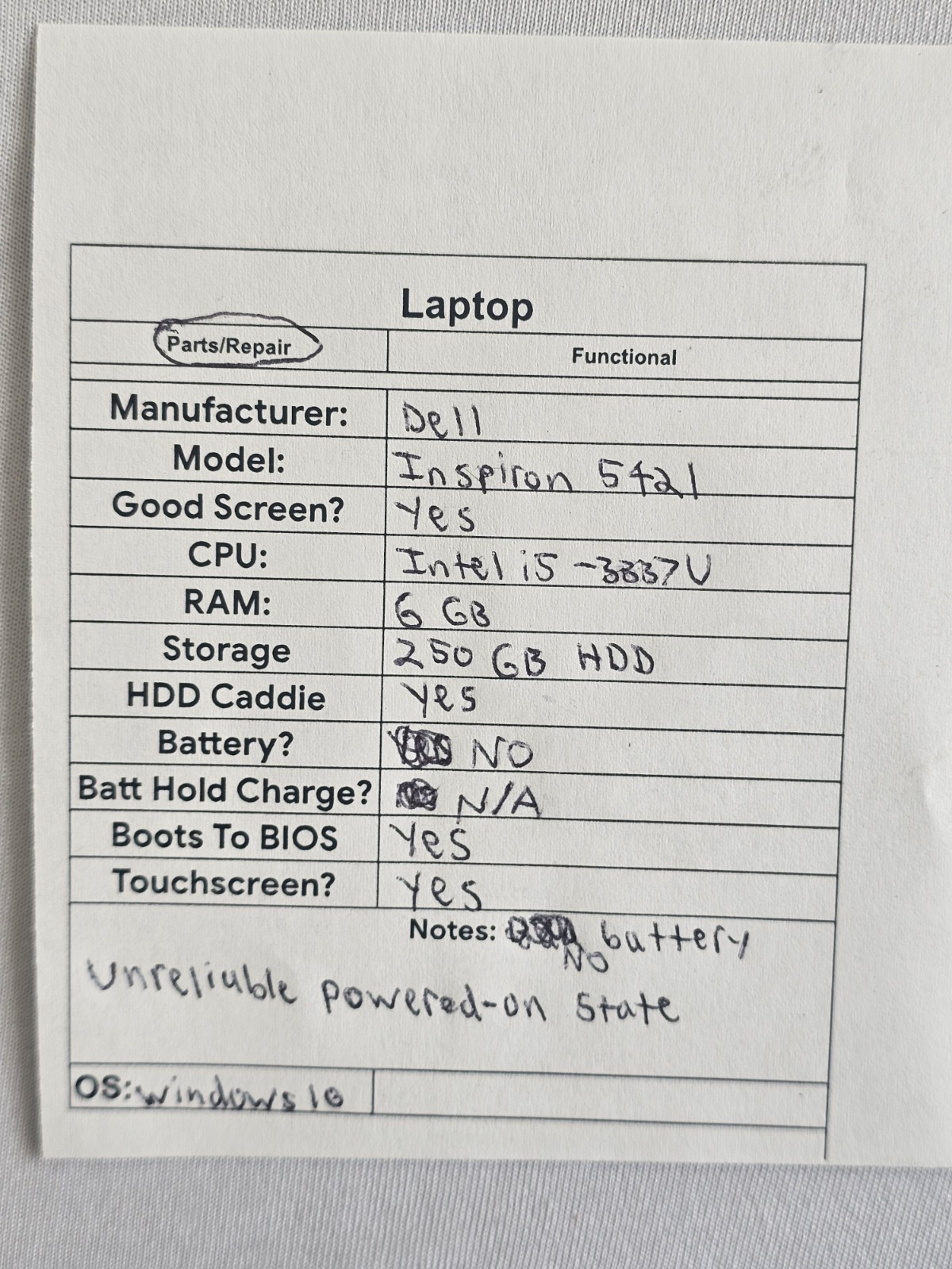 Dell Inspiron 5421 Laptop – Intel i5-3337u – 6GB RAM – NO BATT Parts/Repair READ