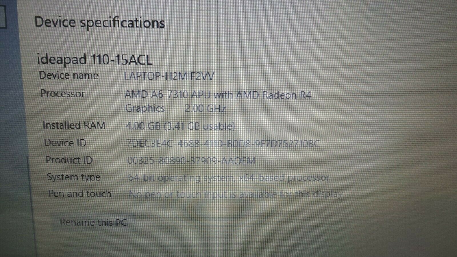 Lenovo IdeaPad 110-15ACL 15.6″ (500GB, AMD A6-7310 – Quad-Core, 2.00GHz, 4GB)