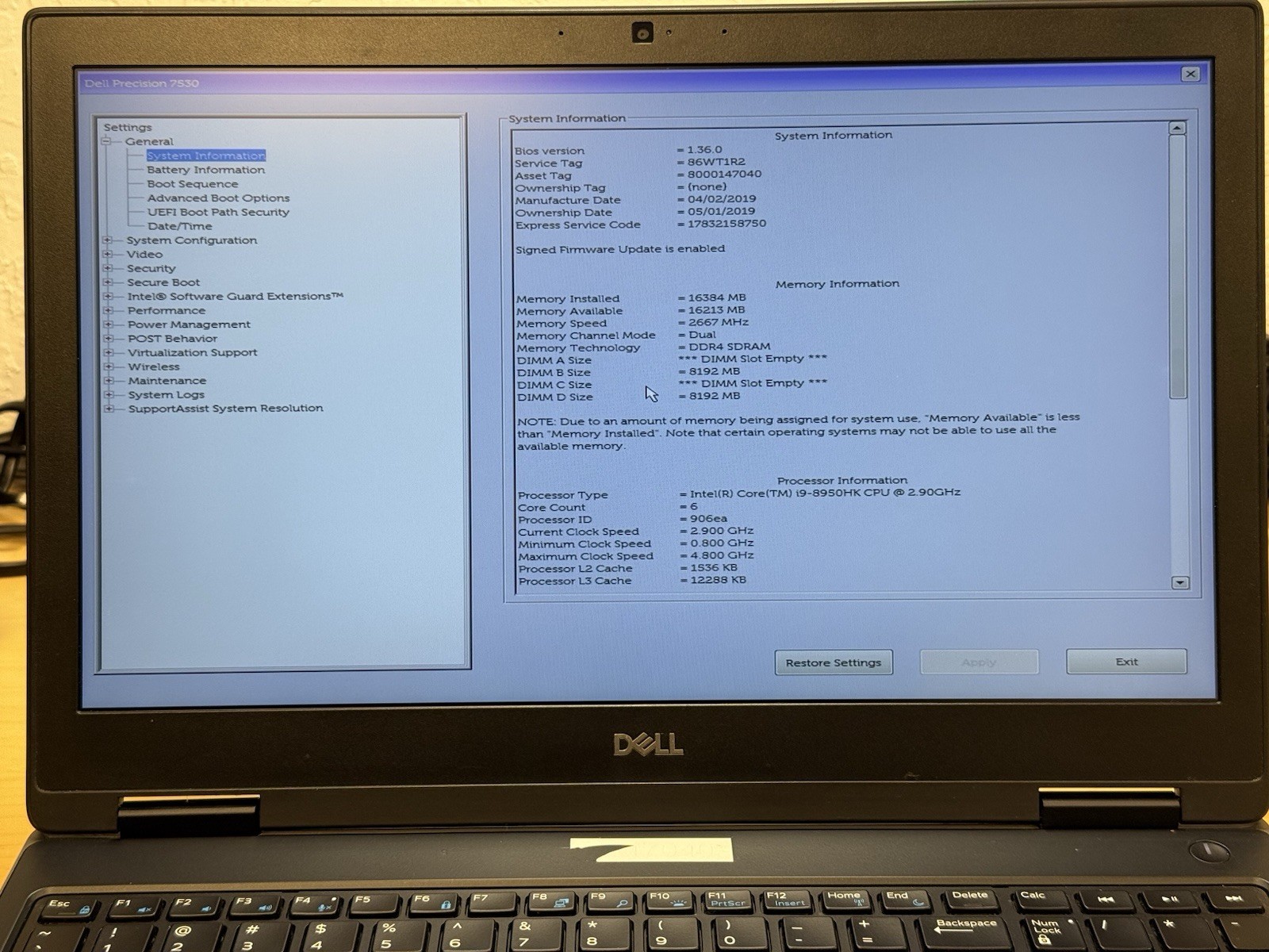 DELL PRECISION 7530 16GB NO HDD i9-8950 2.90 GHZ – TESTED