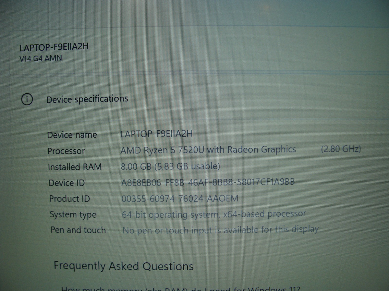 Lenovo V14 G4 AMN 14″FHD Ryzen 5 7th 2.8GHz 8GB 256GB SSD Win 11Pro 99t +PA