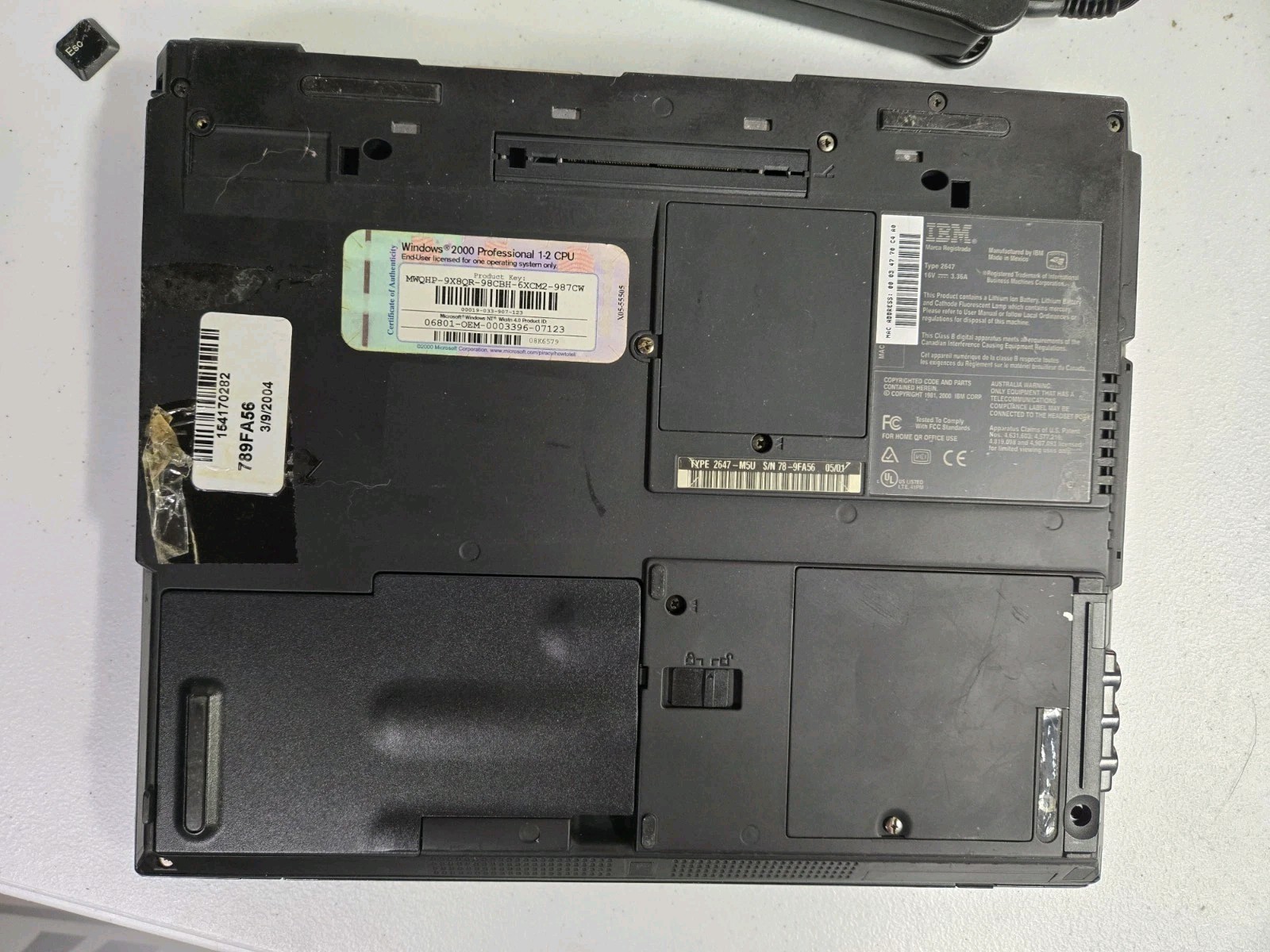 IBM Thinkpad Intel Pentium Type 2647 W / Power Cord Parts Or Repair Only