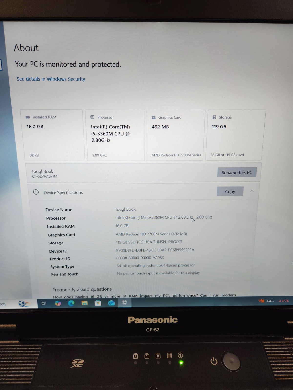 Panasonic Toughbook CF-52 MK5 i5-3360M 2.80GHz 16GB RAM 128GB SSD Win 10Pro
