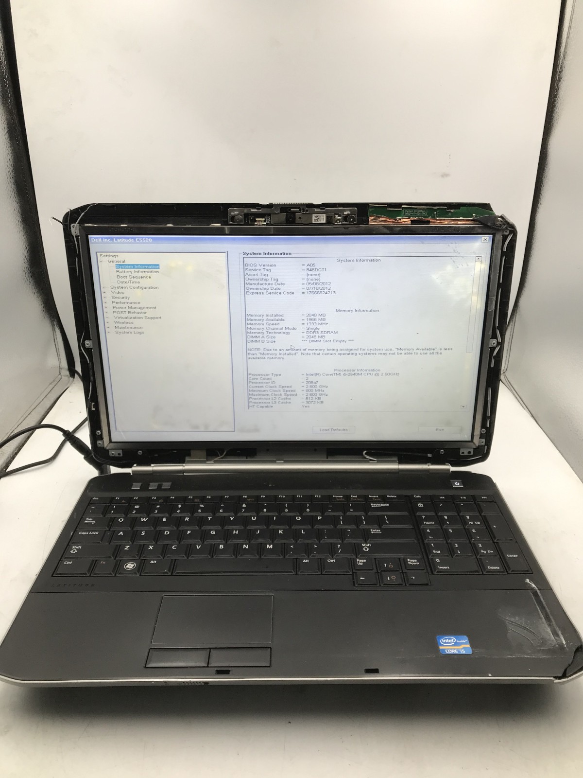 DELL LATITUDE E5520 – BOOTS TO BIOS – INTEL I5 2540M – NO RAM – READ DESCRIP -BB