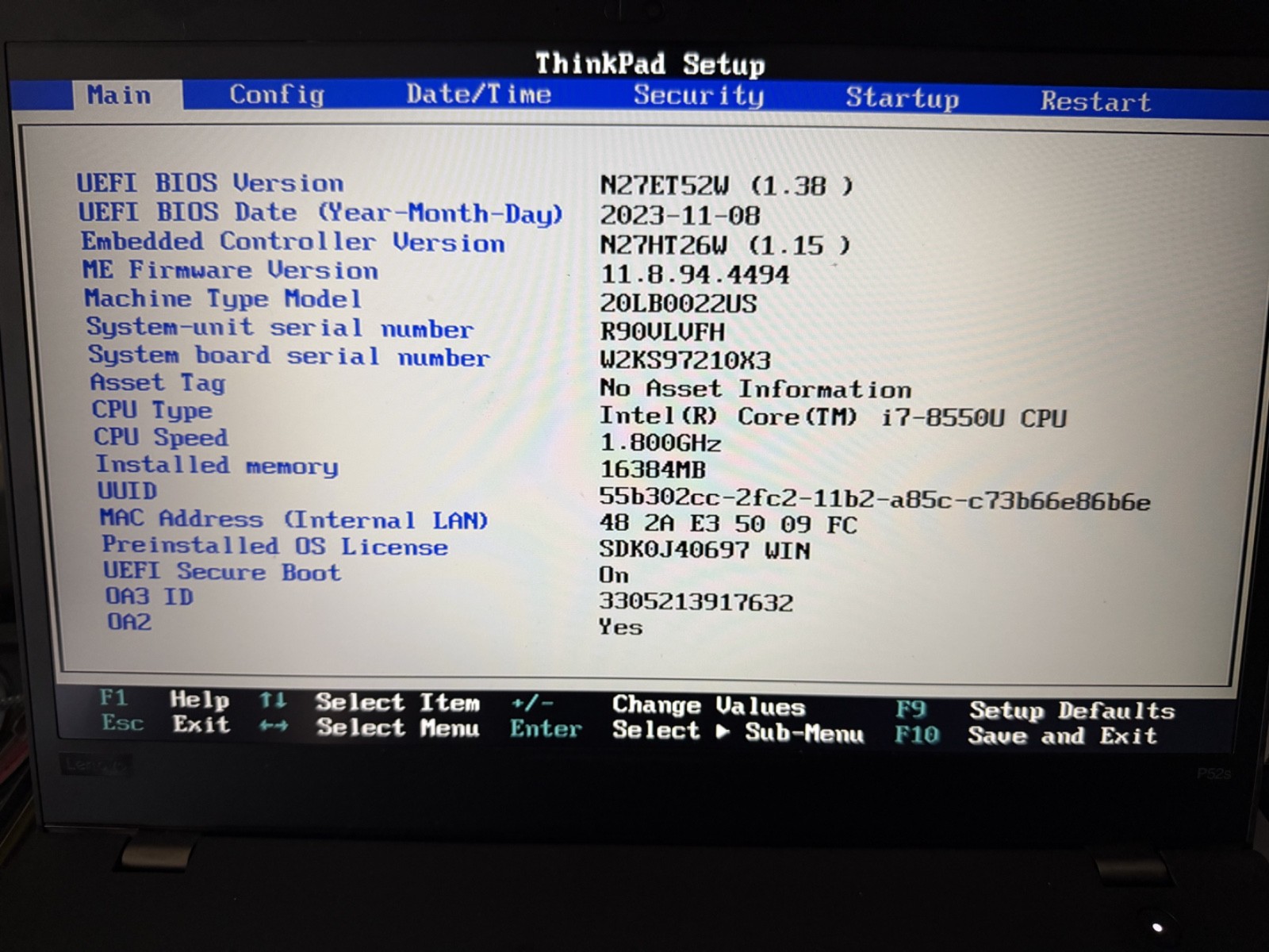Lenovo Thinkpad p52s Intel Core i7-8550U, 16gb, FOR PARTS OR REPAIR