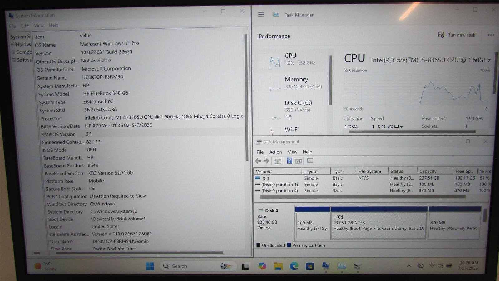 HP Elitebook 840 G6 i5-8365U 1.6GHz 16GB RAM 256GB NVME 14″ Windows 11 Pro Touch