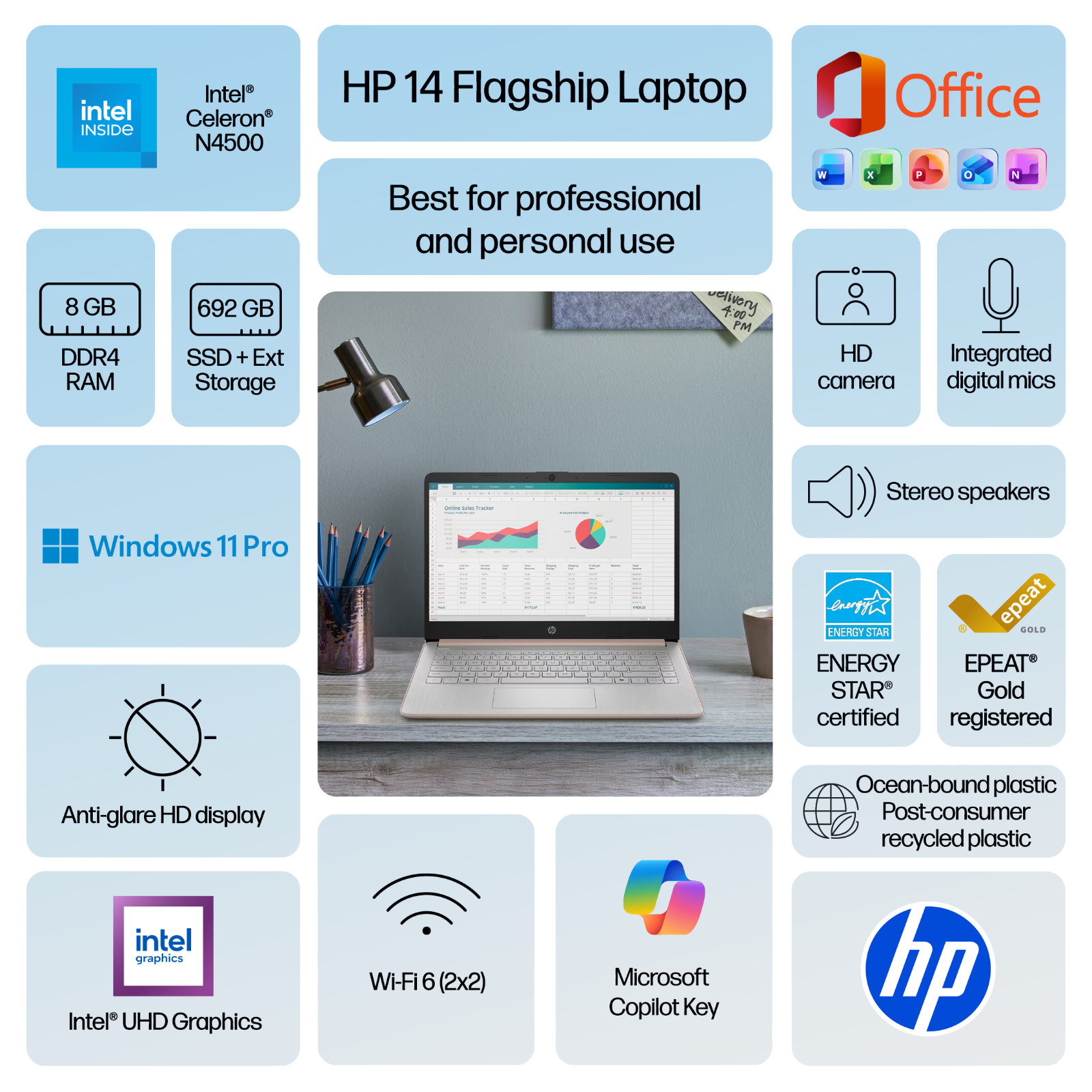 HP 14 Laptop Computer, Intel CPU, 8GB RAM & 692GB Storage, MS Office Win 11 Pro