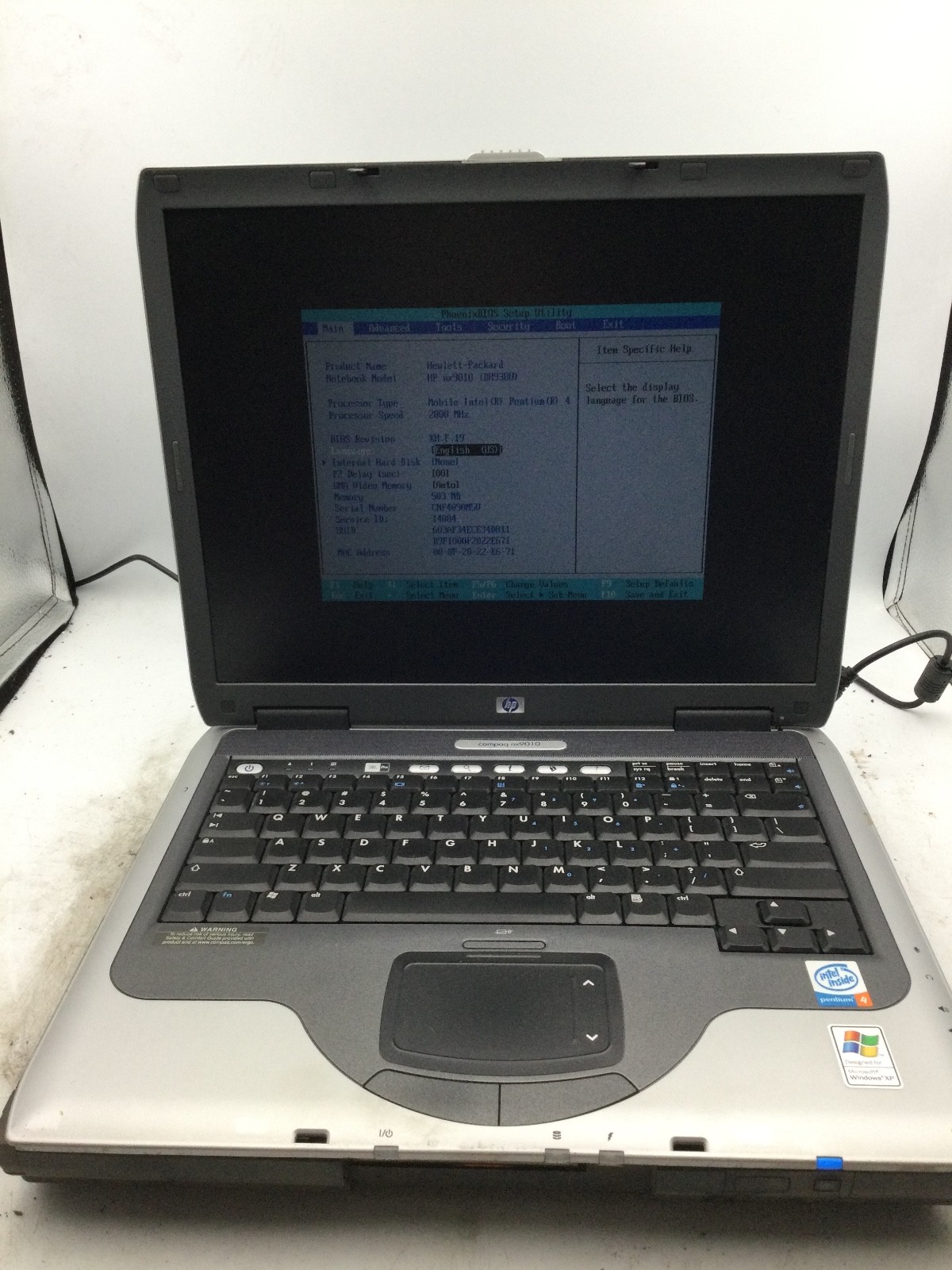 HP COMPAQ NX9010 – BOOTS TO BIOS – INTEL PENTIUM 4 – 500MB RAM – 14″ – READ – BB