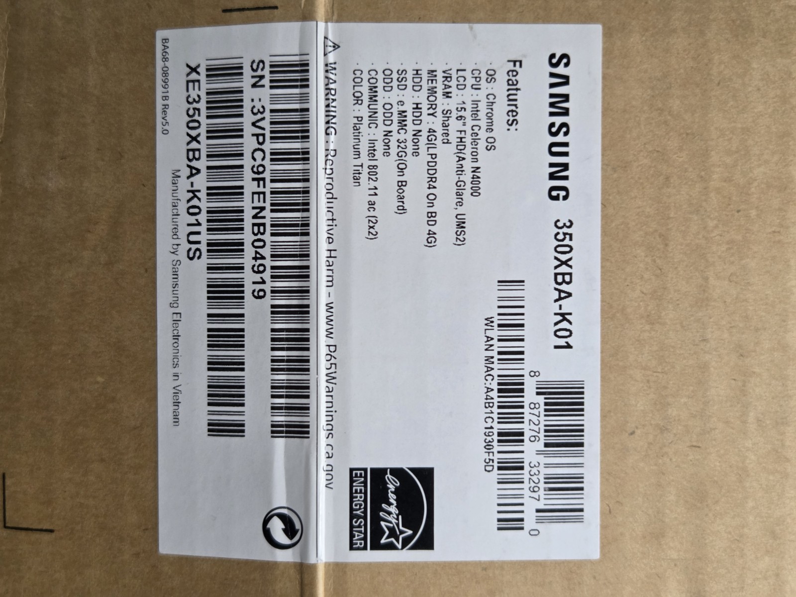 Samsung Chromebook 15.6″ Intel Celeron N4000 4GB RAM 32GB Storage XE350XBA