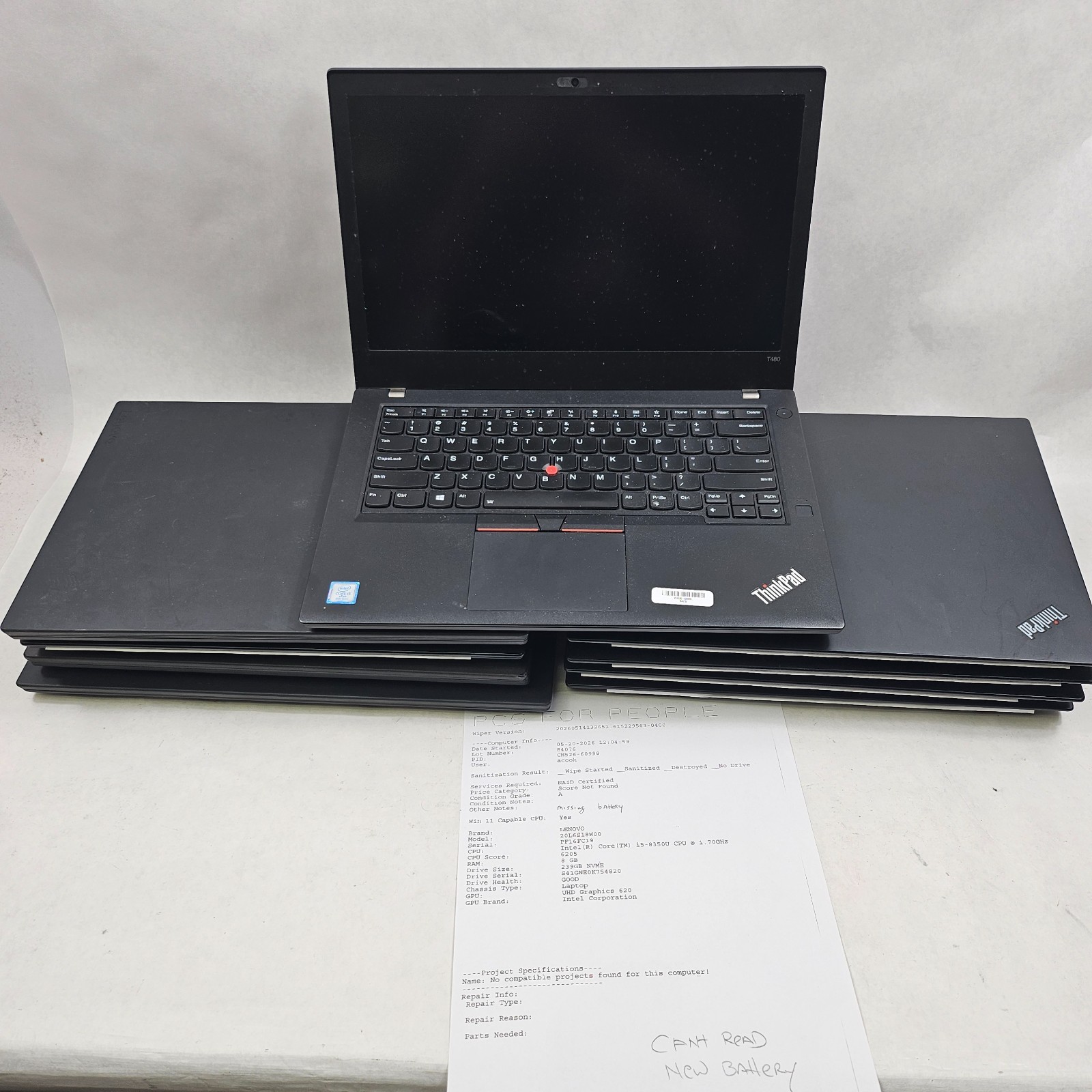 Lot of 9 Mixed Model Lenovo ThinkPad i5-6th-8th Gen 8GB RAM Mixed Specs *Read