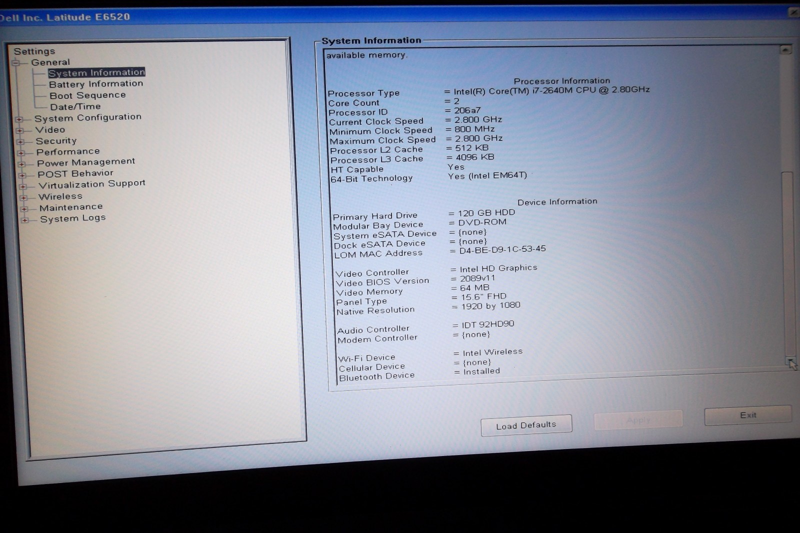 Dell E6520 Latitude 15.6″ Intel Core i7 2.80GHz 4GB DVDROM Wi-Fi 120GB BT WebCAM