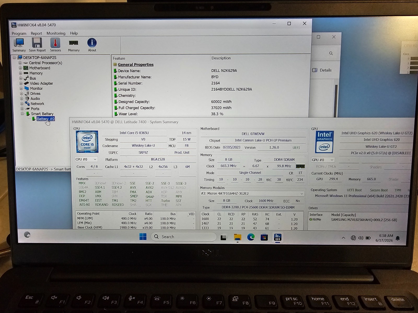 Dell Latitude 7400 i5-8365u 8GB RAM 256GB SSD Win 11 BIOS LOCK NO AC #04