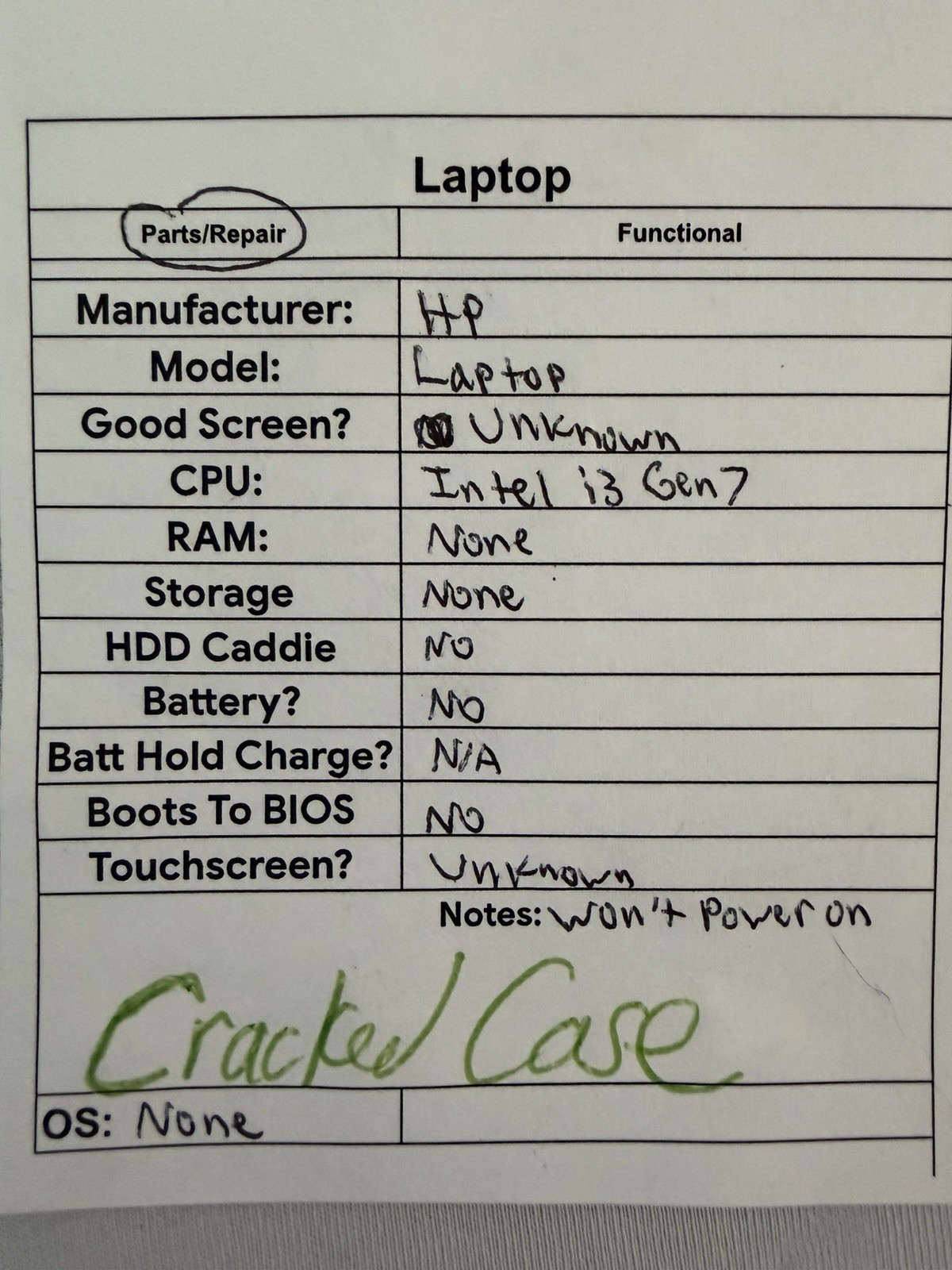 HP Laptop – Unknown if Screen is Good – Intel i3 Gen 7 – No RAM – Read Des