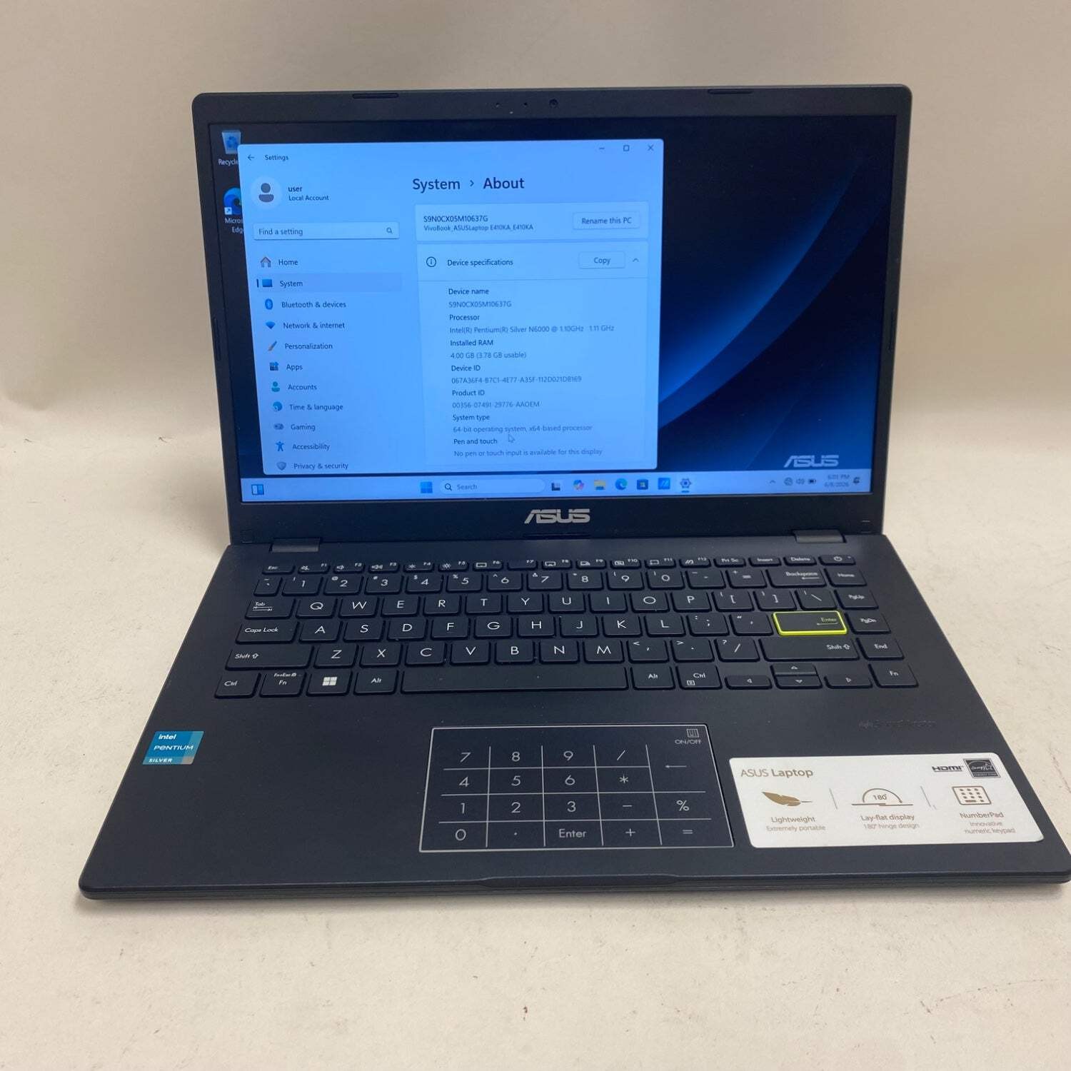 Asus Vivobook Go 14 E410K 14″ Pentium Silver N6000 1.1GHz 4GB RAM 128GB SSD