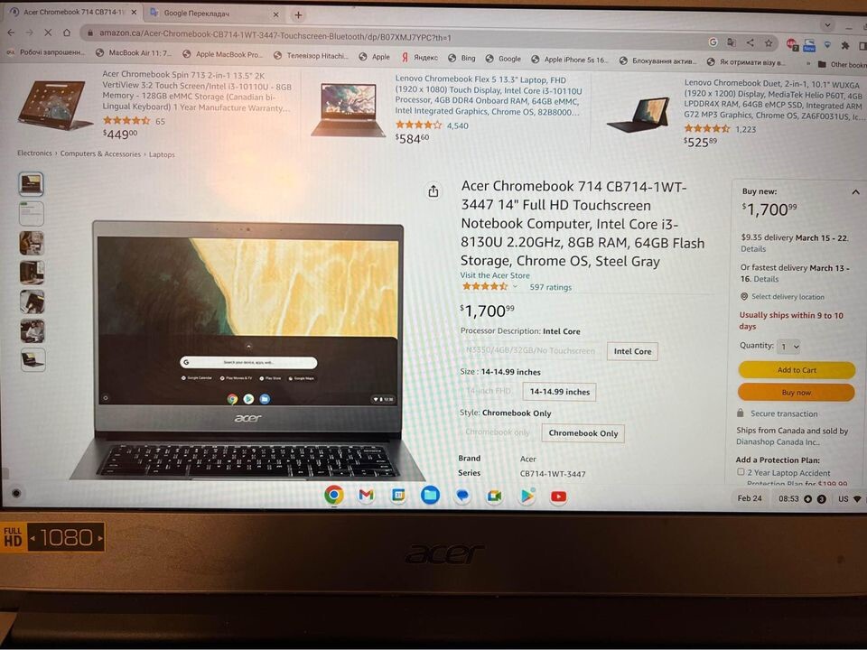 Acer Chromebook 714 CB714-1WT-3447 14″ Full HD, Touchscreen, Intel i3-8130U