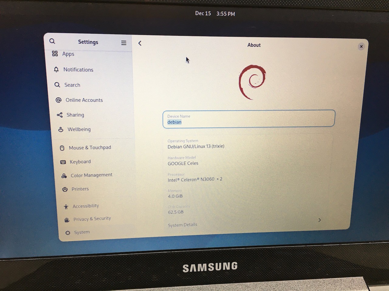 Samsung 11.6″ XE500C13-K06US Linux Debian 13 laptop 4GB RAM 64GB eMMC w/ power
