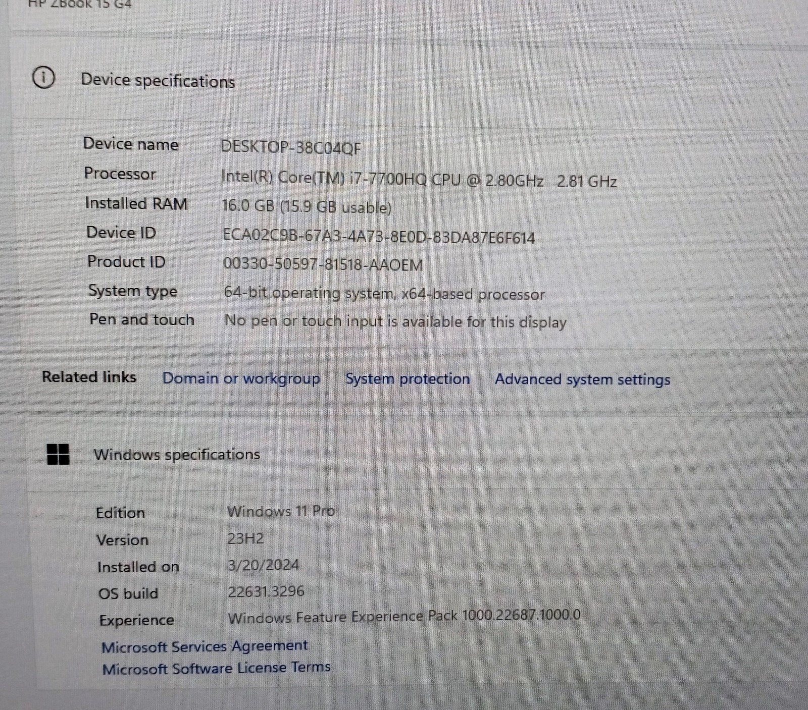 HP ZBook 15 G4 laptop I7-7700hq 2.8-3.8Ghz 16GB 1TB NVME NVIDIA M2200 AX200NGW