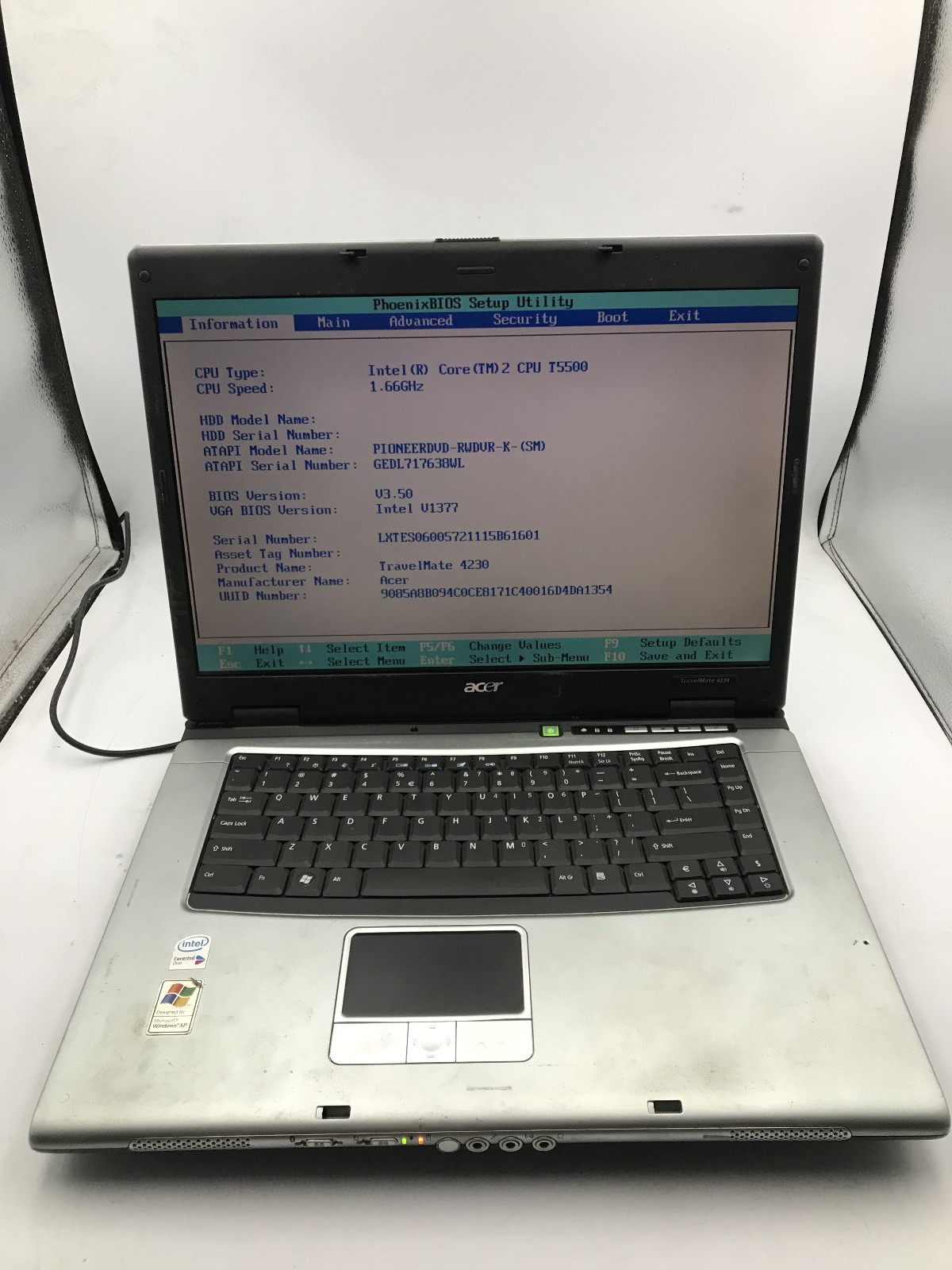 ACER TRAVELMATE 4230 – BOOTS TO BIOS – INTEL 2 T5500 – 2GB RAM – READ DESC – BB!