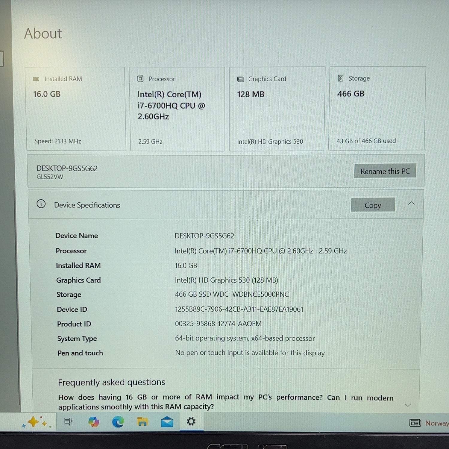 Broken Asus ROG GL552V i7-6700HQ 2.6GHz 16GB RAM 500GB SSD GeForce GTX 960M READ
