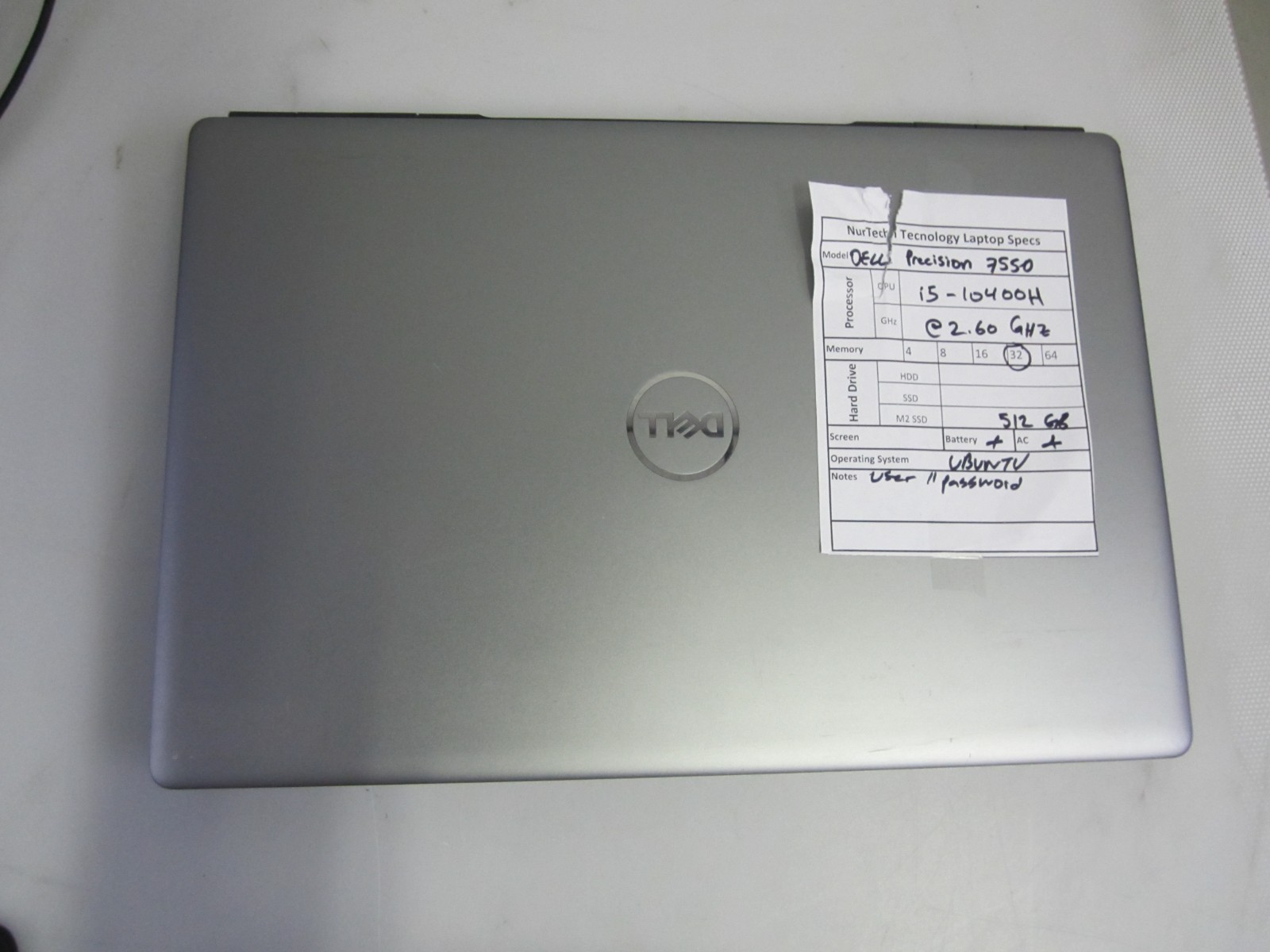 Dell Precision 7550 i5-10400H 2.60GHz 32GB Ram 512GB M2SSD UBUNTU Laptop +AC