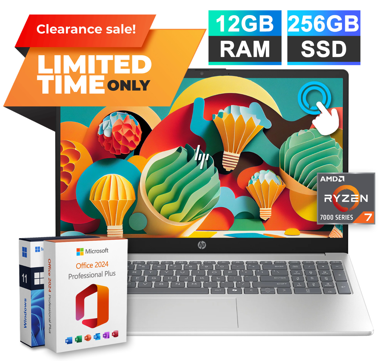 2026 HP 15 Laptop AMD Ryzen 7 7730U 12GB RAM & 256GB SSD Office 2024 Touchscreen
