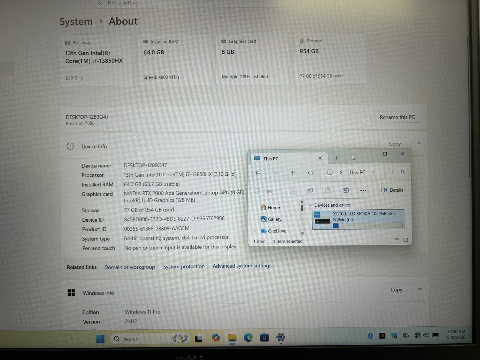 Laptop Dell Precision 7680 16″ Core i7-13850HX 64GB RAM 1TB SSD RTX 2000 Win 11