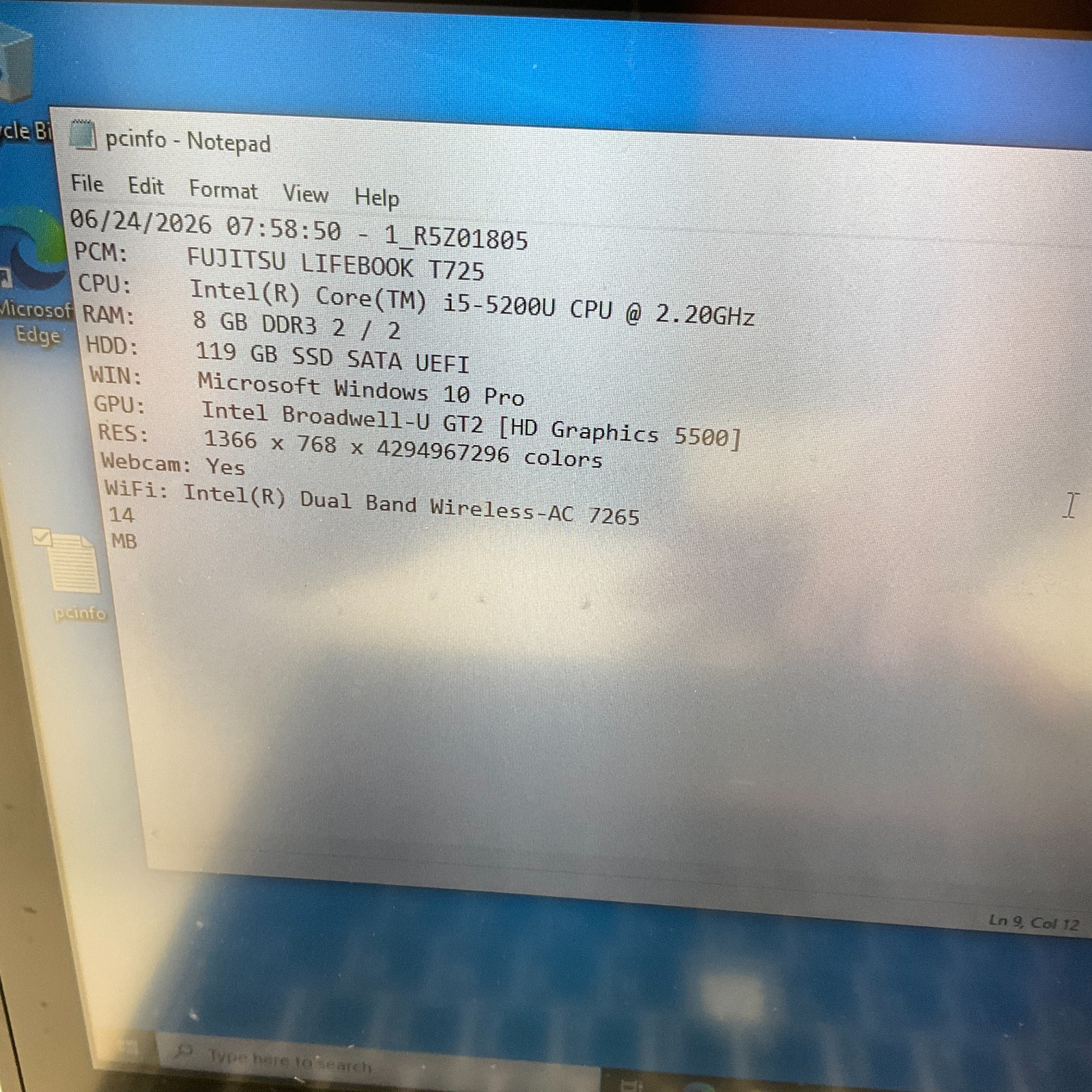 Fujitsu Lifebook T725 13.3” Laptop Intel Core i5-5200U @ 2.20 GHz 8GB 128GB SSD