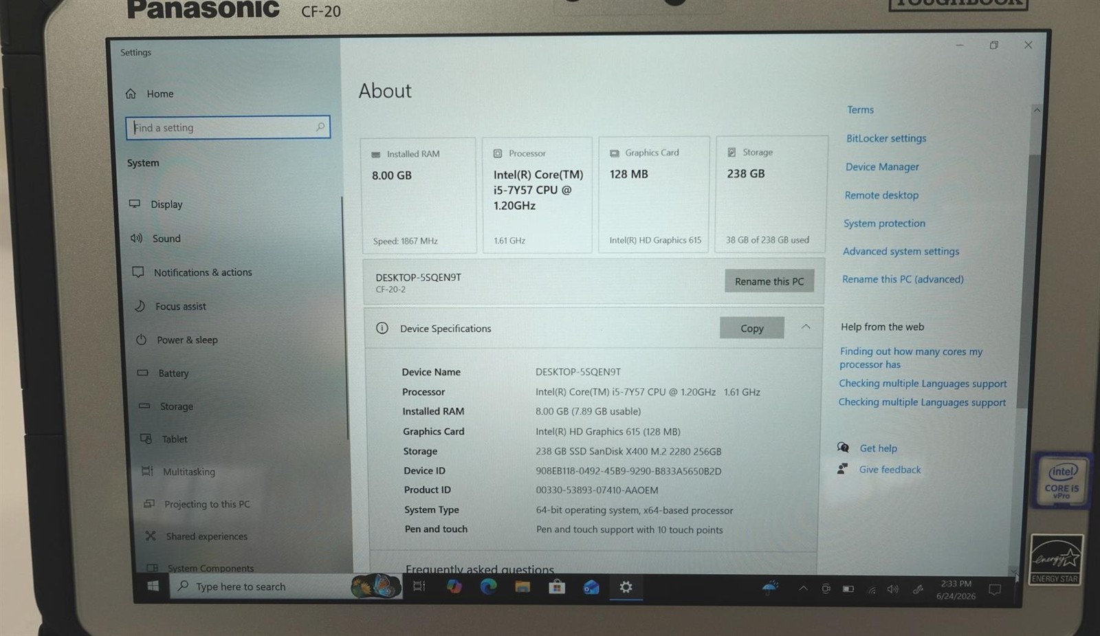 Panasonic Toughbook CF-20 Core i5-7Y57 1.20GHz 8GB 256GB 10.1″ Laptop
