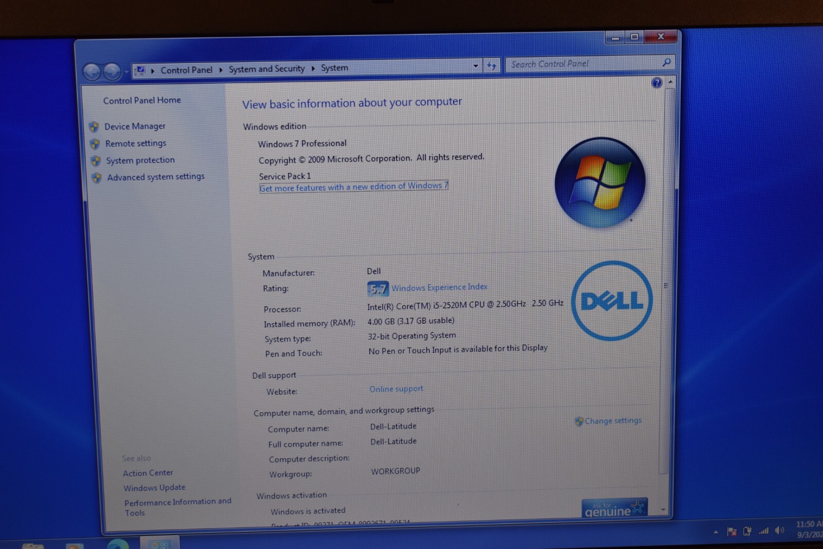 Dell Latitude E6520 Intel Core i5-2520M 4GB RAM 240GB SSD Windows 7 Pro 32-bit